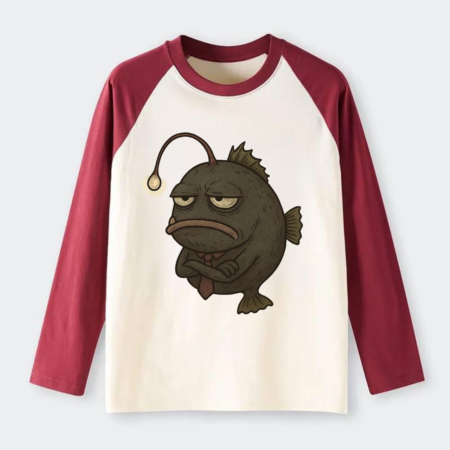 THE ANGLERFISH LURES DISAPPOINTMENT | Dark gray anglerfish with dim - Raglan Long Sleeve T-Shirt - Red