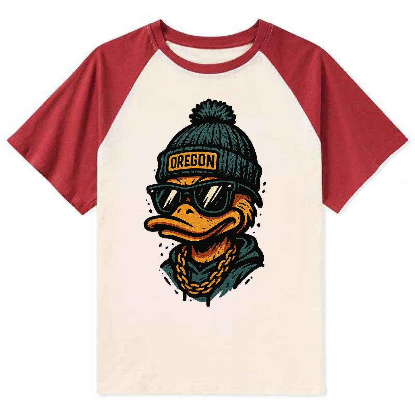Eugene Duck wearing Oregon beanie with p - Contrast Raglan T-shirt - Red