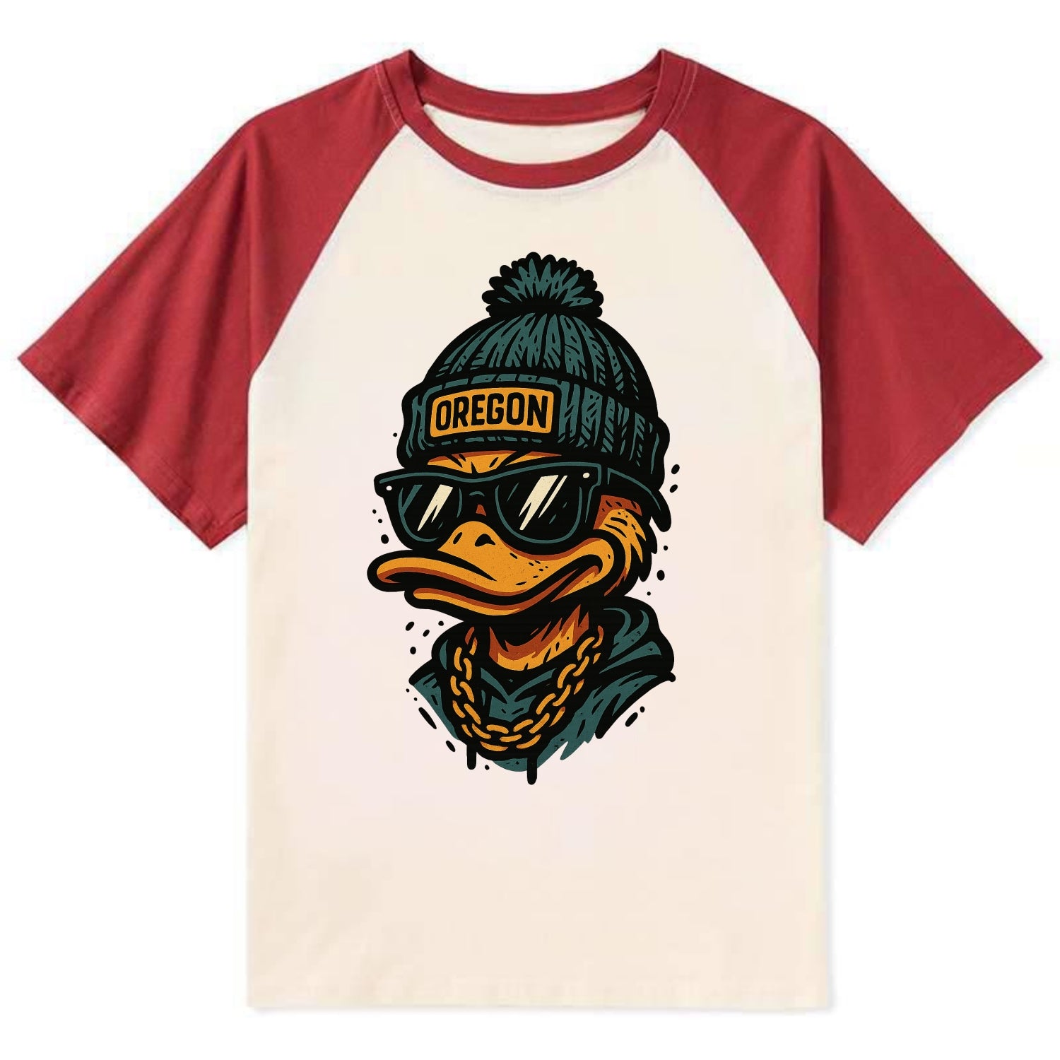 Eugene Duck wearing Oregon beanie with p - Contrast Raglan T-shirt - Red