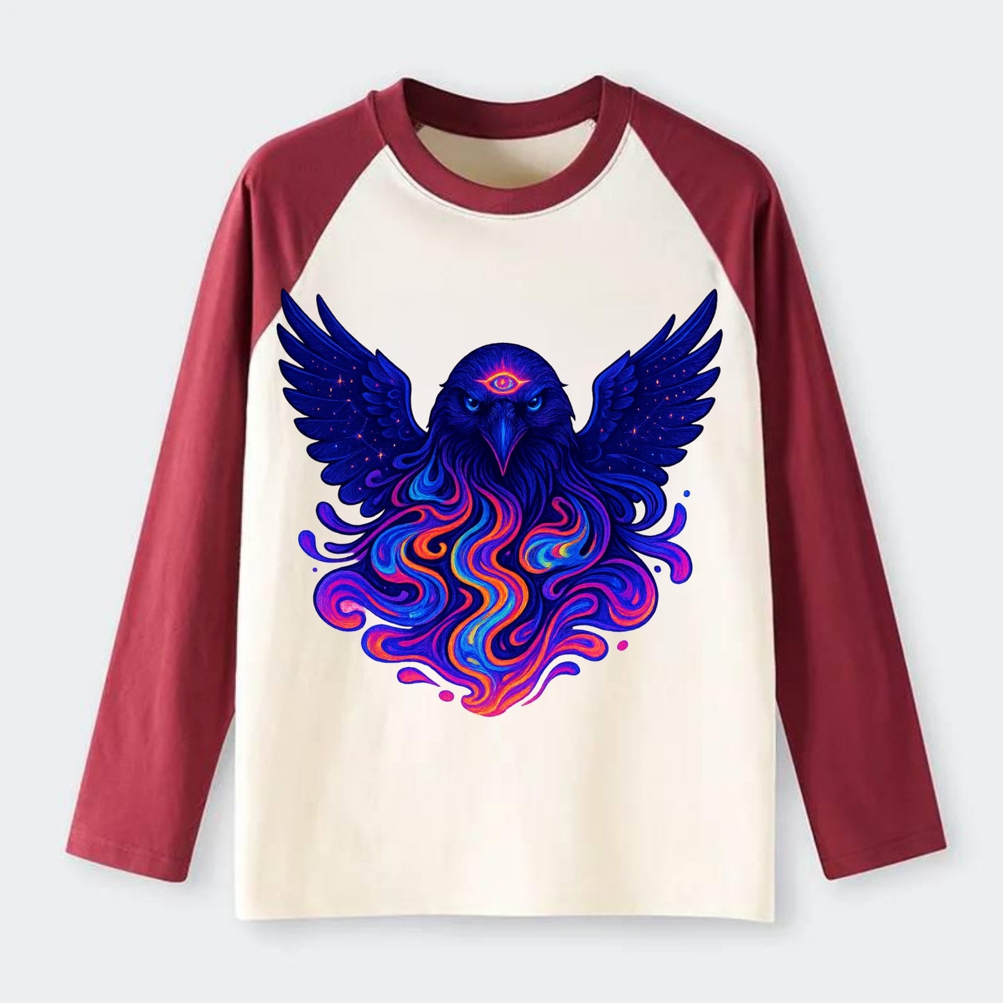 Mysterious raven with feathers showing future visions in neon colors, - Raglan Long Sleeve T-Shirt - Red
