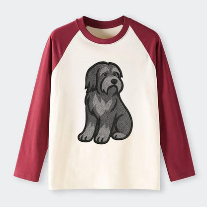 Bearded Collie - Gray shaggy coat embroidered pose - Raglan Long Sleeve T-Shirt - Red
