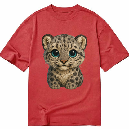 Baby Snow Leopard Cub - gray spotted, thick fur, blue-green eyes, front-facing, - Classic T-shirt - Red