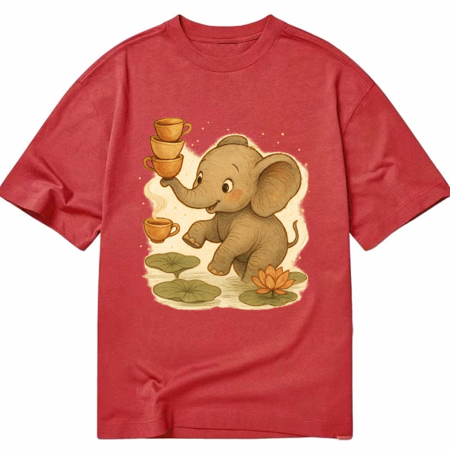 Elephant balancing teacups during a floating tea ceremony beside lotus ponds - Classic T-shirt - Red