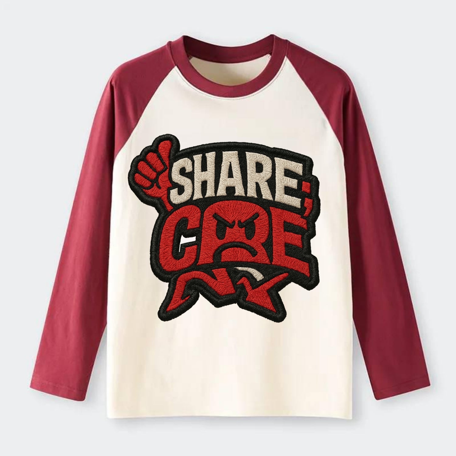 SHARE;CARE TOO MUCH Oversharer Green Hat - Raglan Long Sleeve T-Shirt - Red