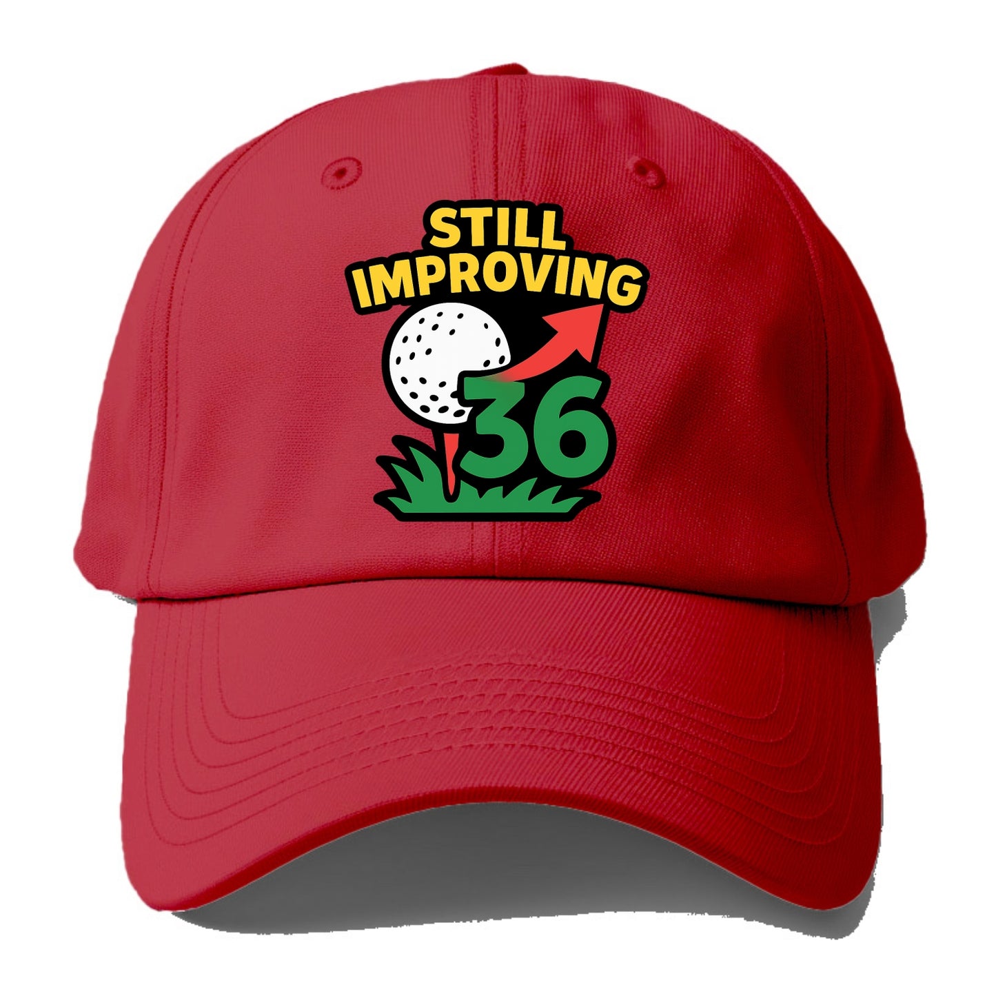 Handicap number getting higher with arrow - "Still Improving" - optimistic handicap - Baseball Cap - Red
