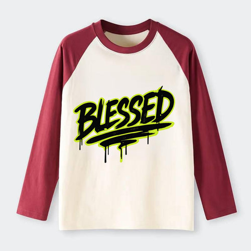 Bold typography design - BLESSED - recognizing good fortune, - Raglan Long Sleeve T-Shirt