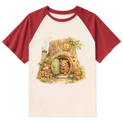 TREE HOME | Bear's home in hollow tree | Round door | Chimney smoke | - Contrast Raglan T-shirt