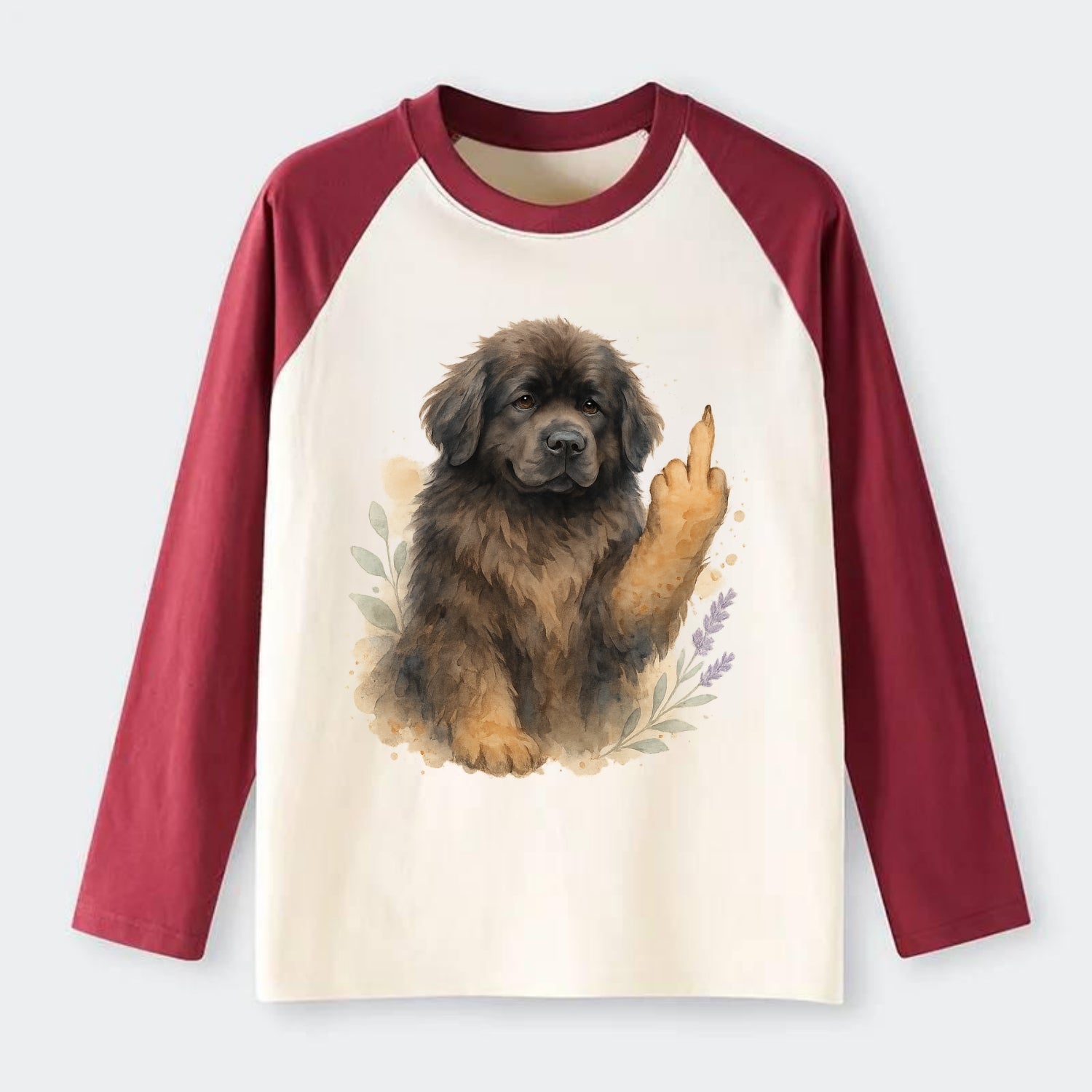 Newfoundland fluffy bear-like with webbed paws, massive gentle paw up - Raglan Long Sleeve T-Shirt - Red
