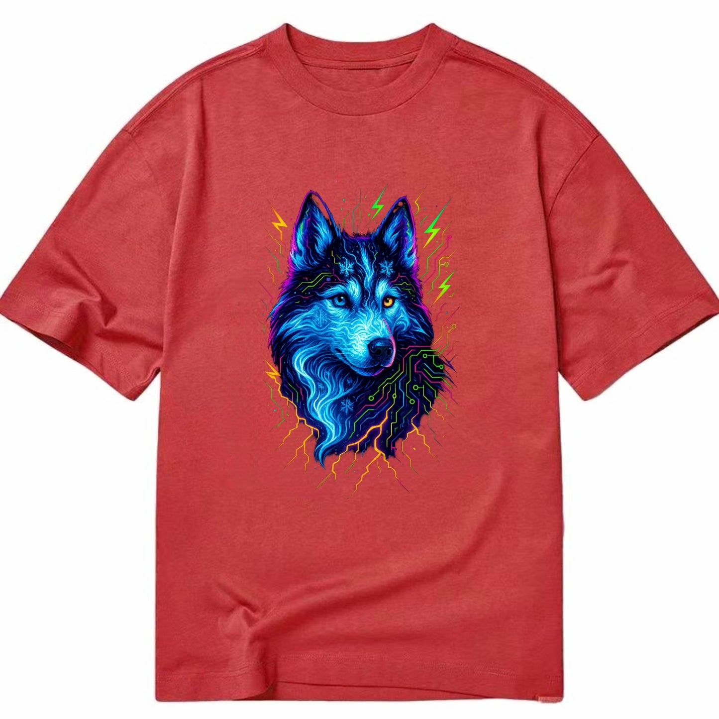 Siberian husky with ice-crystal flowing patterns, electric blue and white swirls, - Classic T-shirt - Red