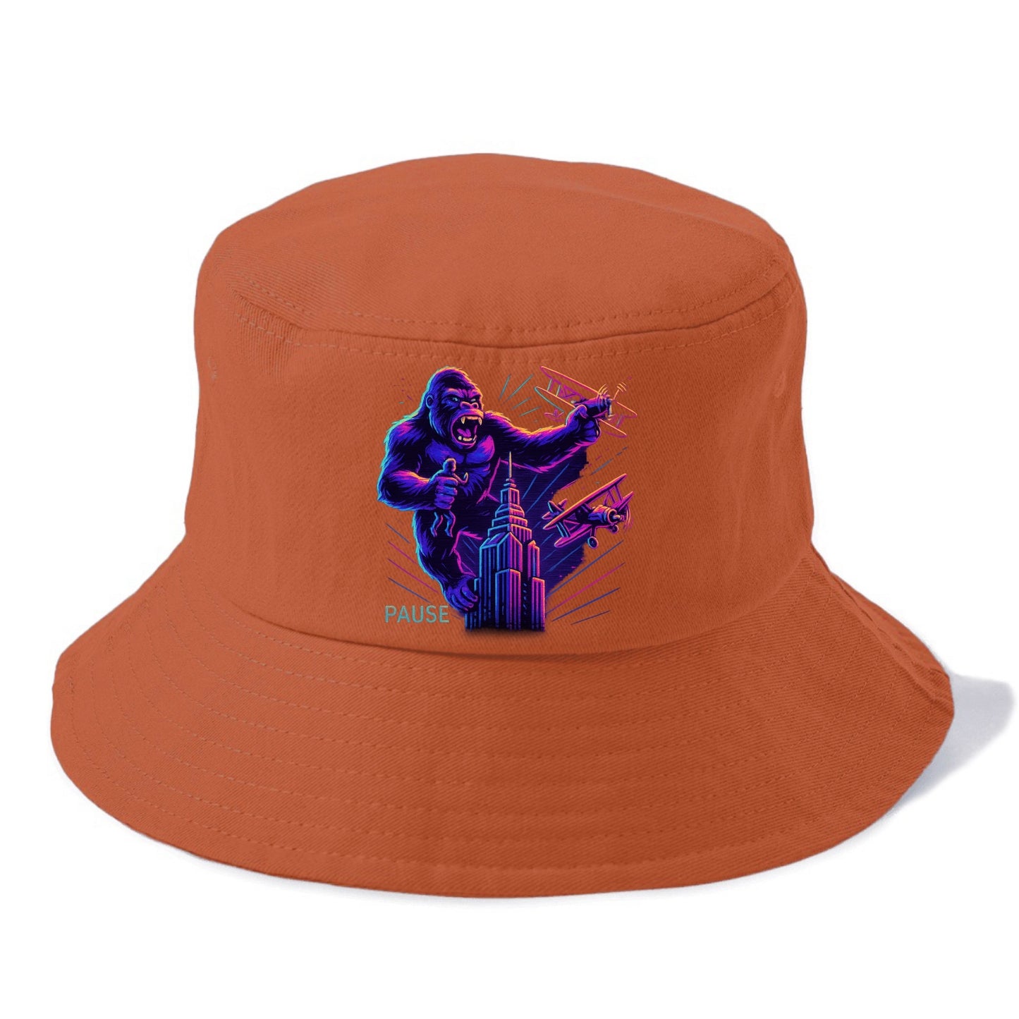 giant gorilla on top of skyscraper holding small figure, swatting planes - Bucket Hat - Red