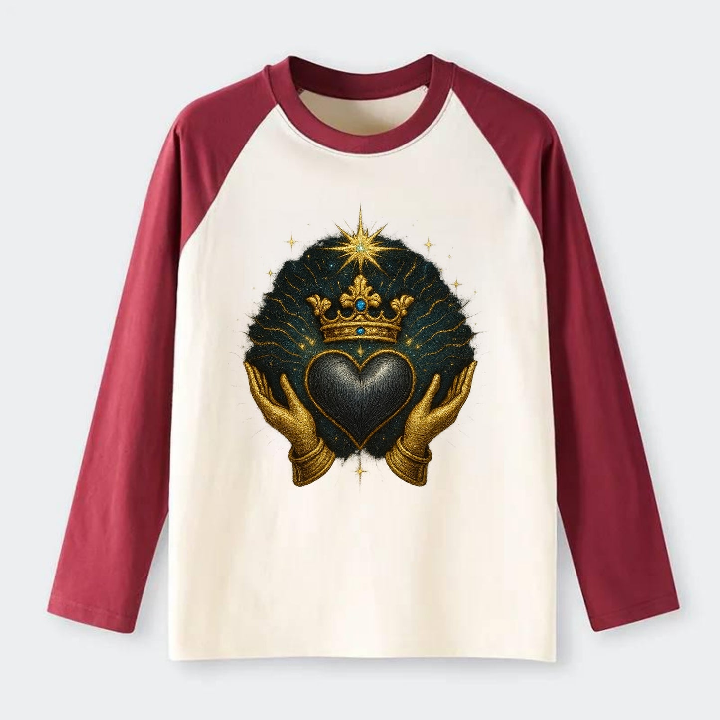 Pearl-studded tiara atop a satin-gunmetal heart supported by elegant - Raglan Long Sleeve T-Shirt - Red