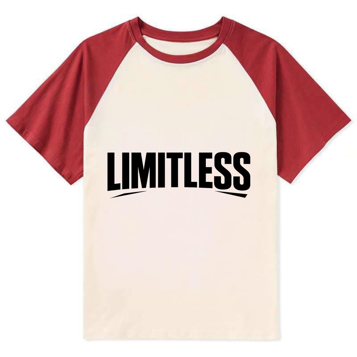 Bold typography design - "LIMITLESS" - no boundaries, infinite potential - Contrast Raglan T-shirt - Red