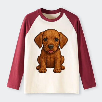 Baby Vizsla Puppy - golden rust coat, soulful eyes, athletic build, - Raglan Long Sleeve T-Shirt - Red