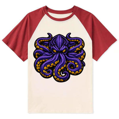 KRAKEN TENTACLES - sea monster in purple and black , deep sea - Contrast Raglan T-shirt - Red