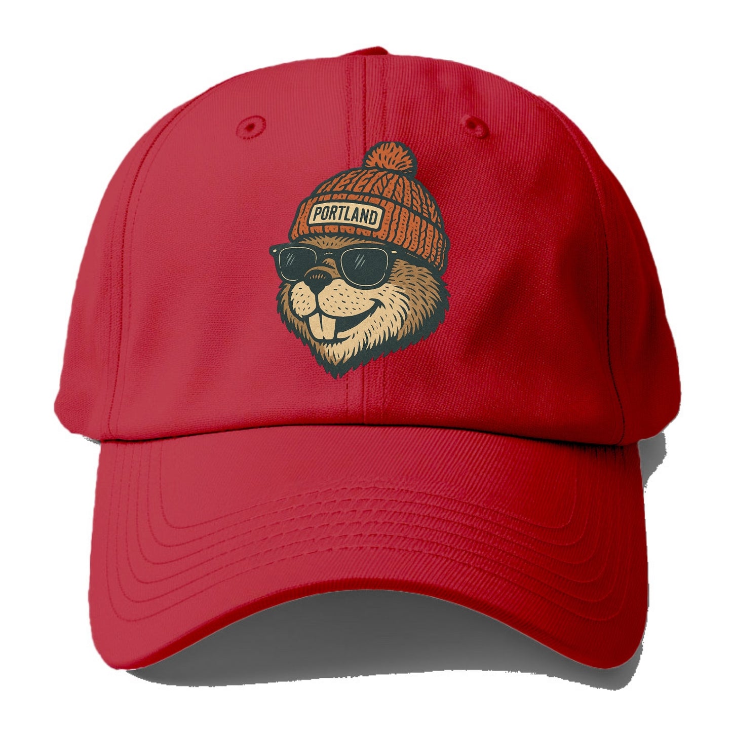 Oregon Beaver wearing Portland beanie with pom pom and wayfarer sunglasses - Baseball Cap - Red