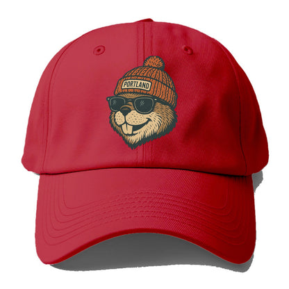 Oregon Beaver wearing Portland beanie with pom pom and wayfarer sunglasses - Baseball Cap - Red