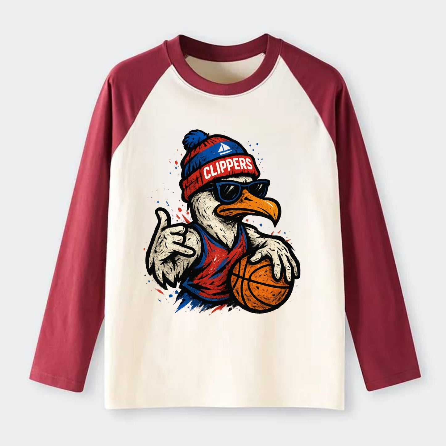 LA Seagull wearing Clippers red white and blue beanie with ship patch - Raglan Long Sleeve T-Shirt - Red