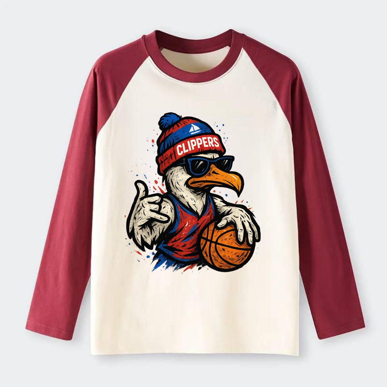 LA Seagull wearing Clippers red white and blue beanie with ship patch - Raglan Long Sleeve T-Shirt - Red