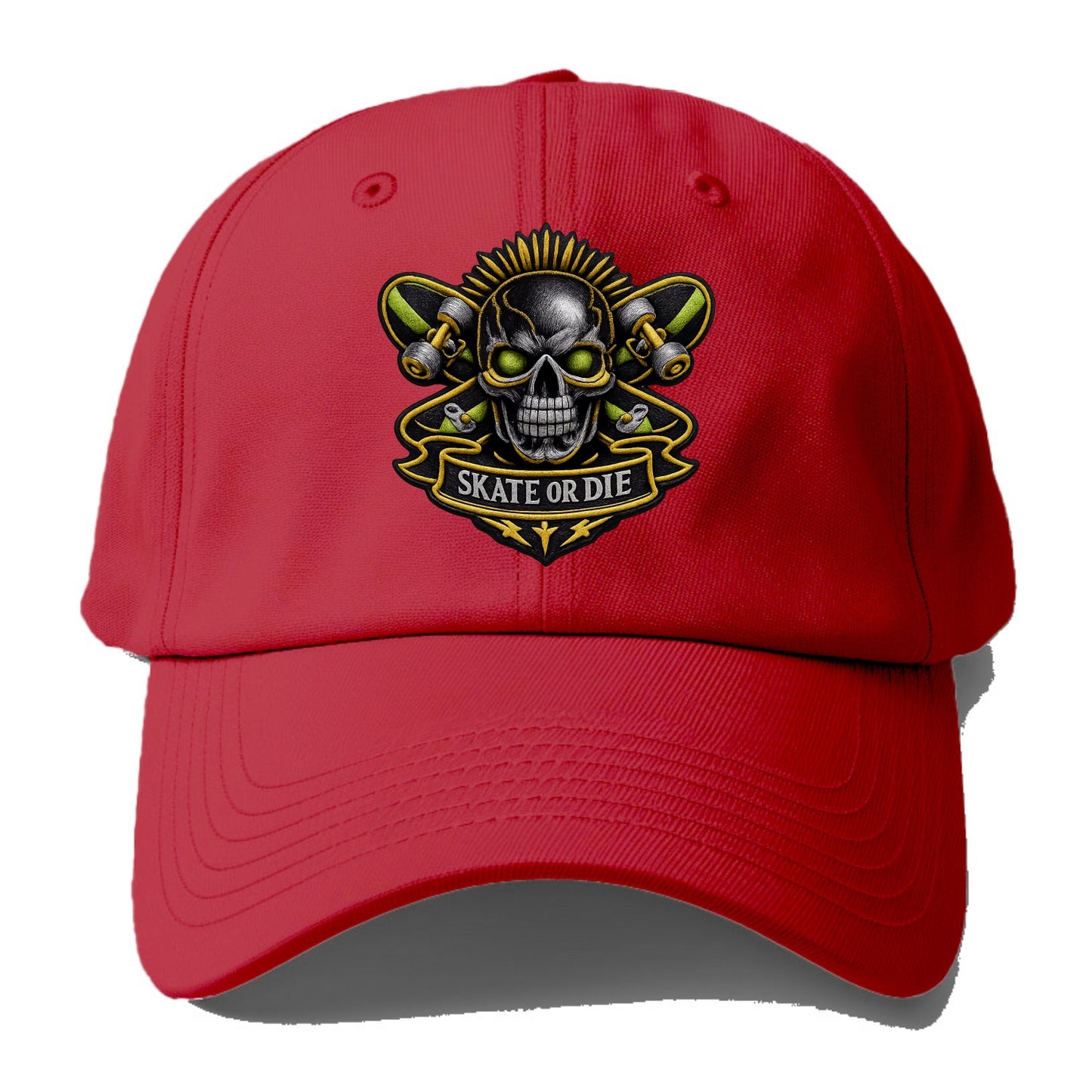 Embroidered patch design - SKATEBOARD SKULL - skull with skateboard in black and - Baseball Cap - Red
