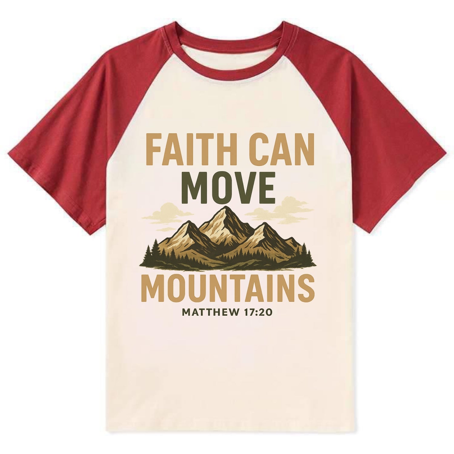 Matthew 17:20 Mountains - Contrast Raglan T-shirt - Red