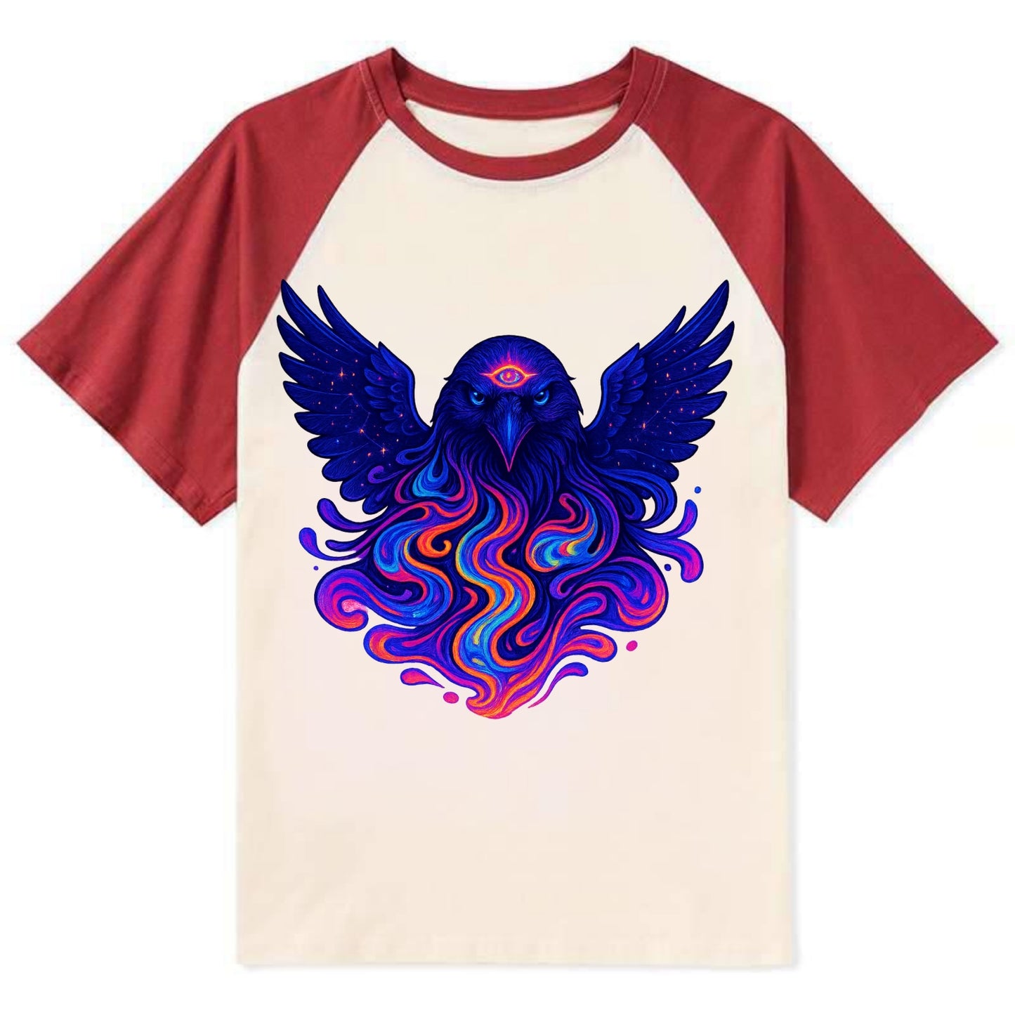 Mysterious raven with feathers showing future visions in neon colors, - Contrast Raglan T-shirt - Red