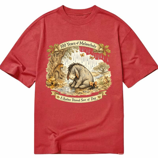 GLOOMY GLEN | Droopy figure in rain | Tattered tail bow | Pessimistic poetry | - Classic T-shirt - Red