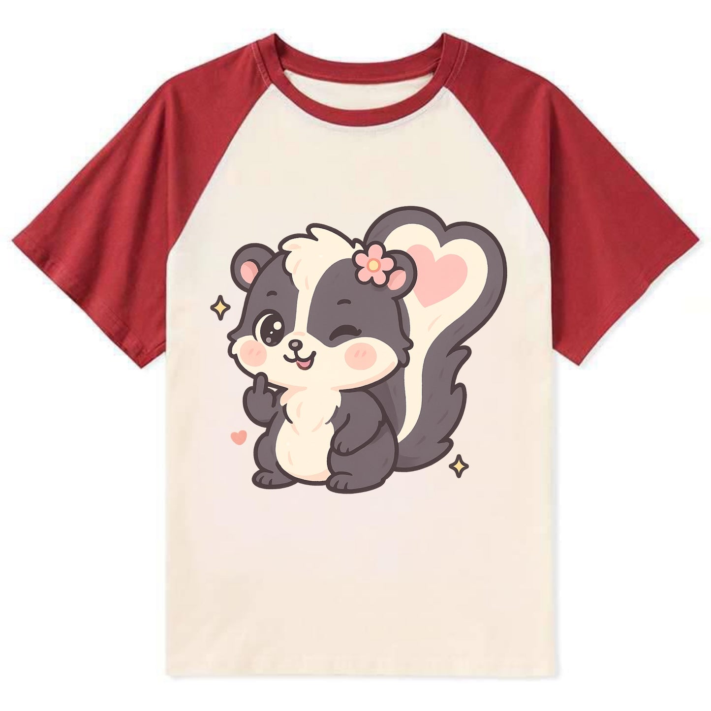 fluffy skunk with heart-shaped tail pattern, one paw up showing sass - Contrast Raglan T-shirt - Red
