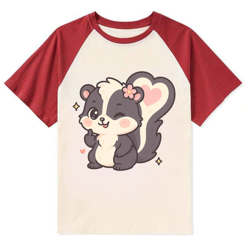 fluffy skunk with heart-shaped tail pattern, one paw up showing sass - Contrast Raglan T-shirt