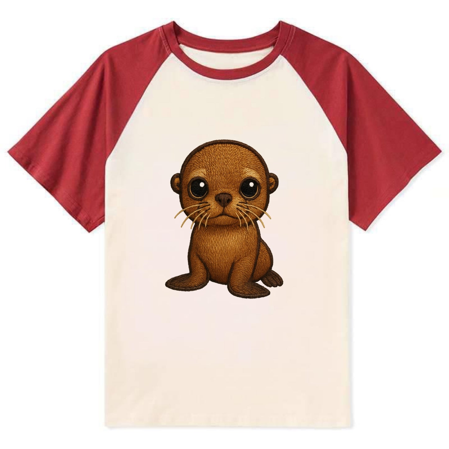 Baby California Sea Lion - golden brown, large expressive eyes, whiskers, - Contrast Raglan T-shirt - Red