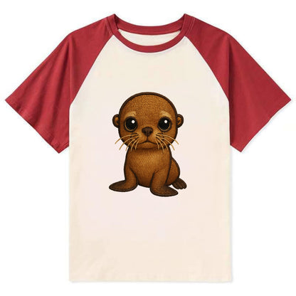 Baby California Sea Lion - golden brown, large expressive eyes, whiskers, - Contrast Raglan T-shirt - Red