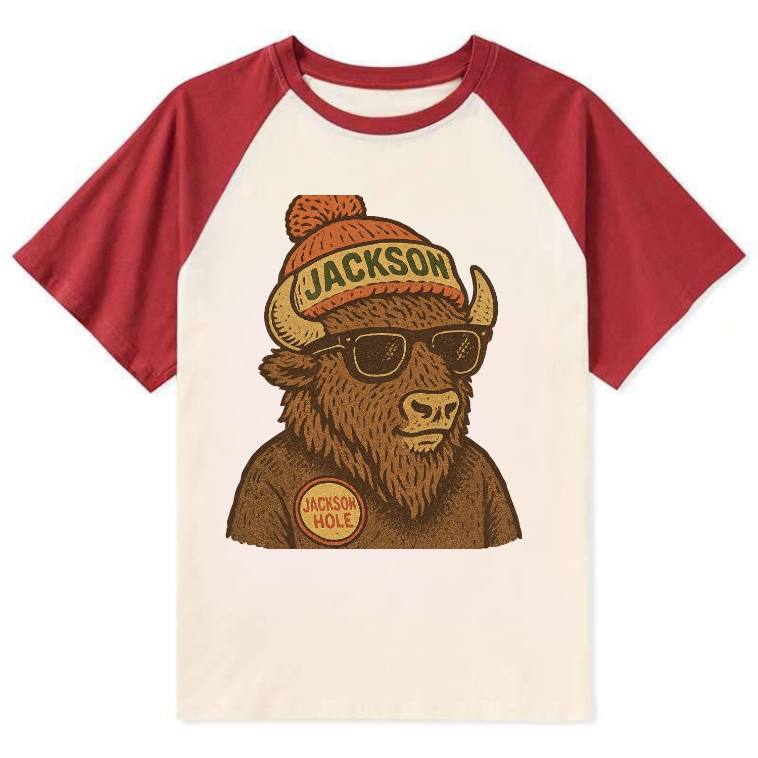 Jackson Hole Bison wearing Jackson beanie with pom pom and wayfarer - Contrast Raglan T-shirt - Red