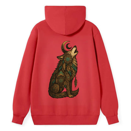 Celestial Moon Wolf  - Classic Pullover Hoodie - Red