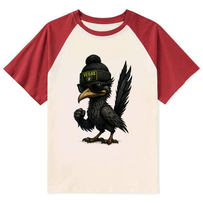 Vegas Roadrunner wearing Raiders beanie with neon patch and wayfarer - Contrast Raglan T-shirt - Red