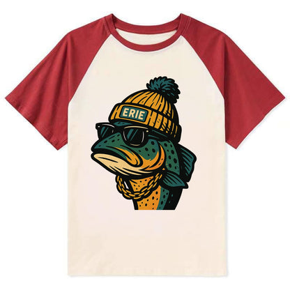Erie Lake Trout wearing Erie beanie with pom pom and wayfarer sunglasses - Contrast Raglan T-shirt - Red