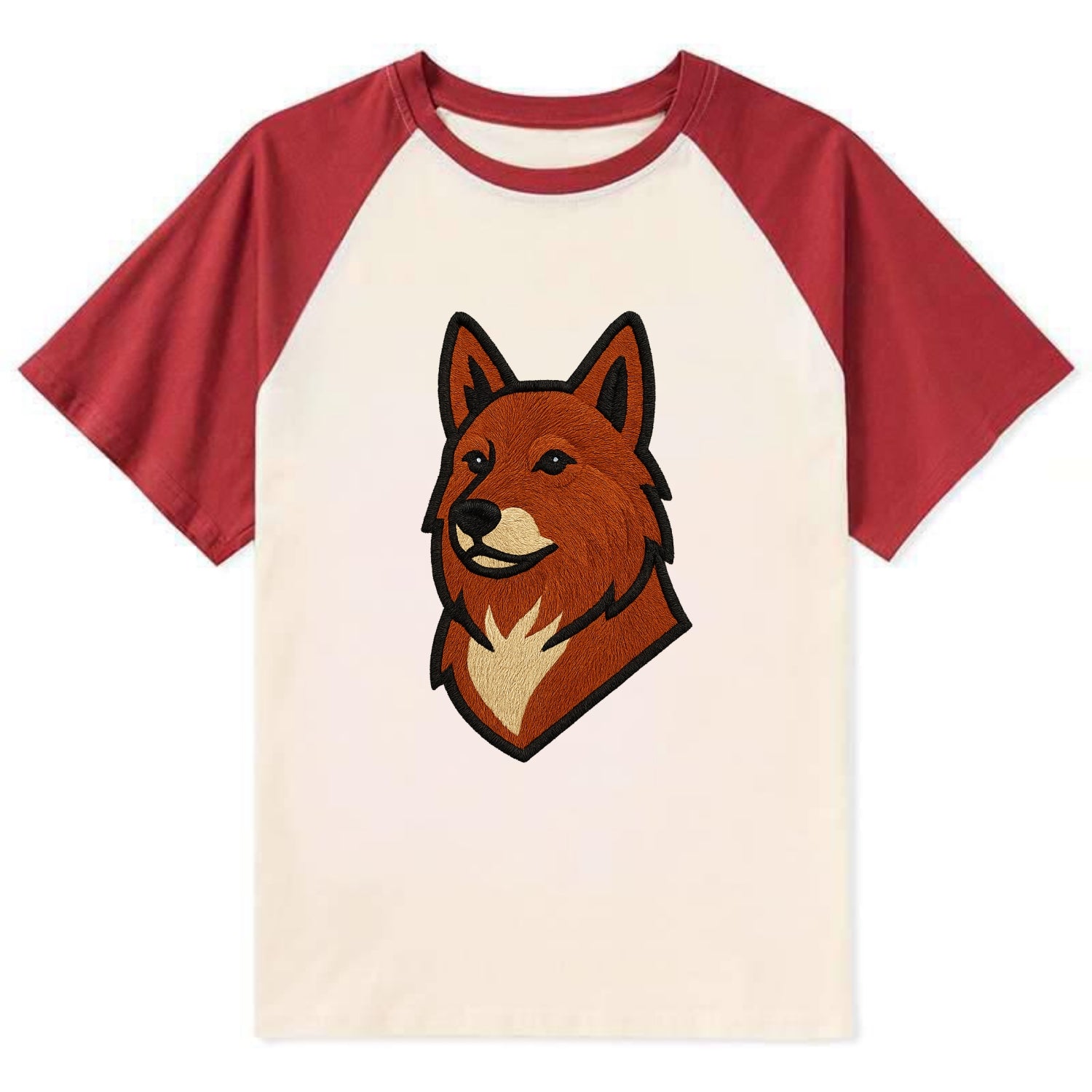 Finnish Spitz - Fox-red pointed ears embroidered pose - Contrast Raglan T-shirt - Red