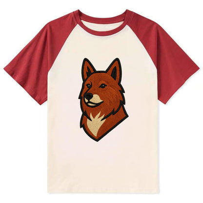 Finnish Spitz - Fox-red pointed ears embroidered pose - Contrast Raglan T-shirt - Red