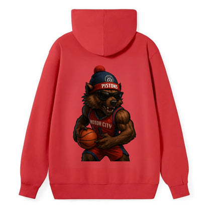 Motor City Wolverine wearing Pistons beanie with gear patch and wayfarer - Classic Pullover Hoodie - Red