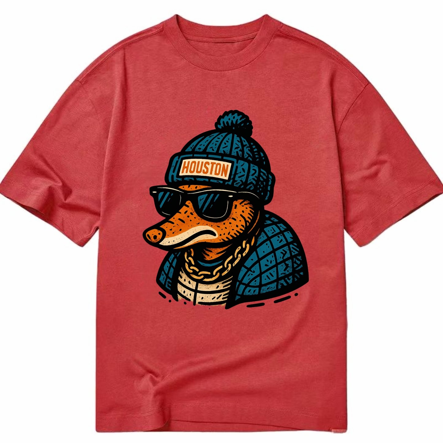 Houston Armadillo wearing Houston beanie with pom pom and wayfarer sunglasses - Classic T-shirt - Red