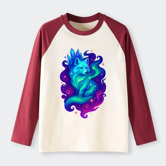 Ethereal arctic fox with fur that transforms into crystal formations, - Raglan Long Sleeve T-Shirt - Red