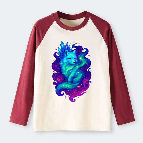 Ethereal arctic fox with fur that transforms into crystal formations, - Raglan Long Sleeve T-Shirt