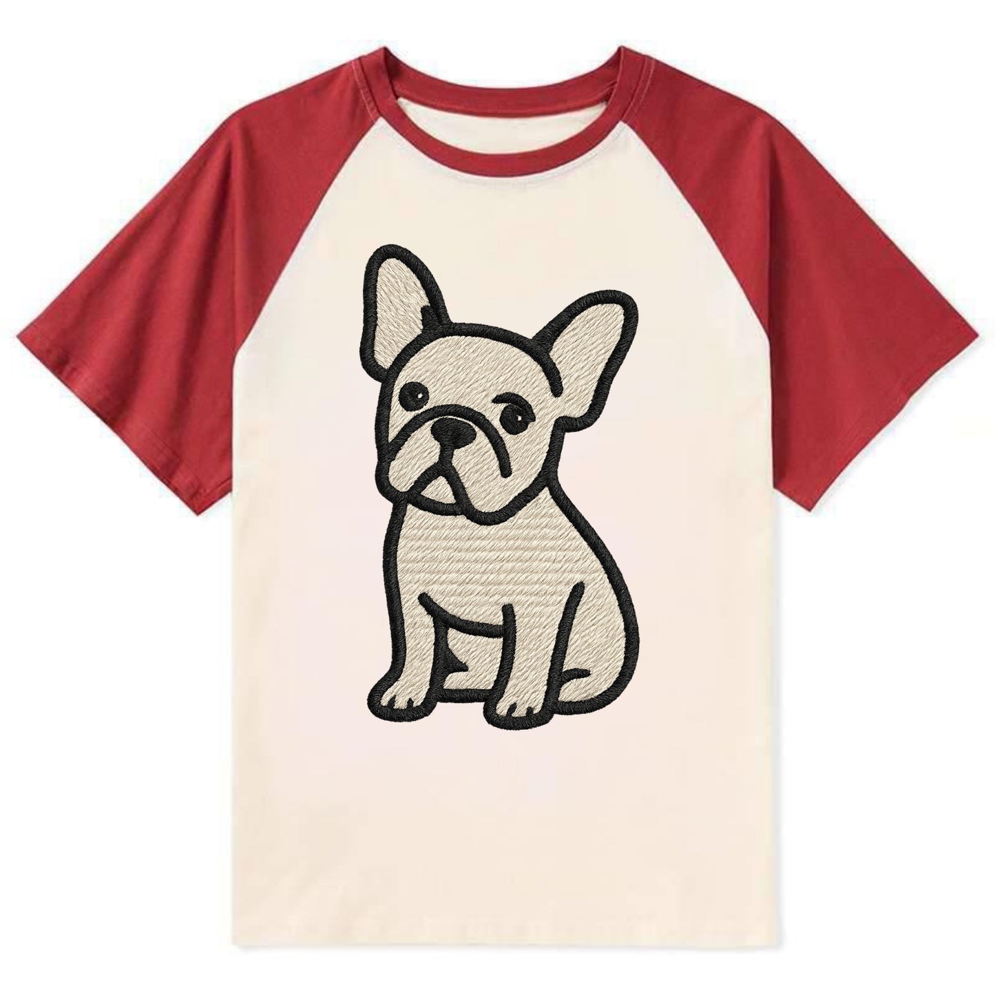 French Bulldog - Head tilt one ear up - Contrast Raglan T-shirt - Red