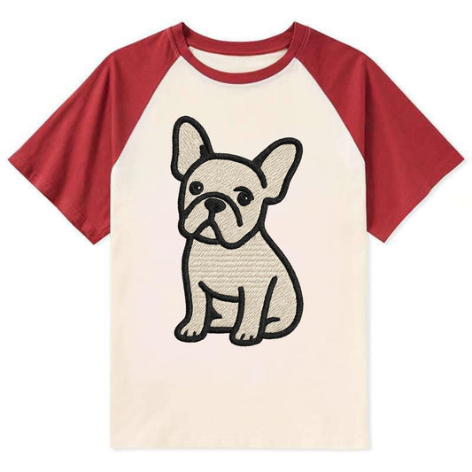 French Bulldog - Head tilt one ear up - Contrast Raglan T-shirt - Red