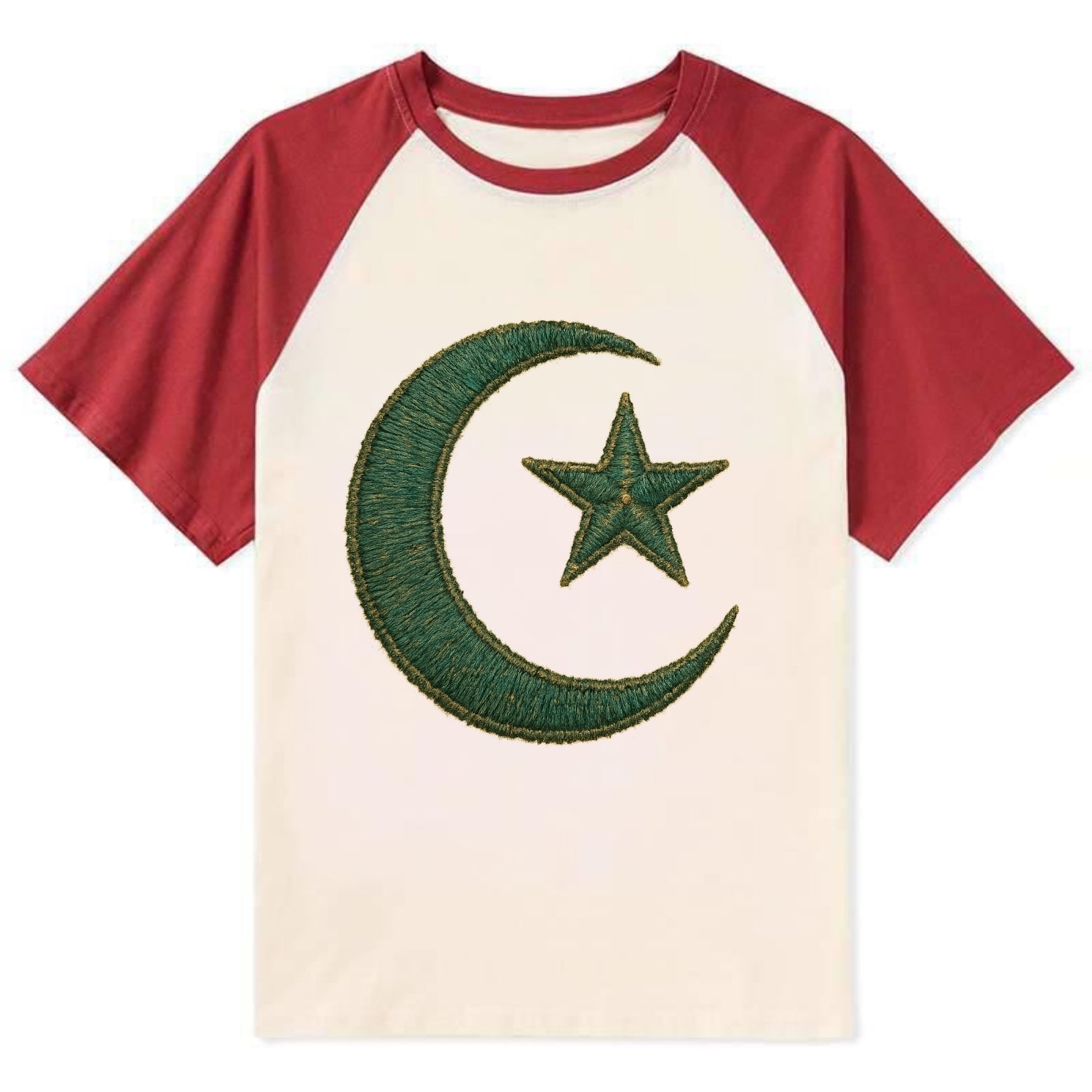 Crescent Moon and Star - Contrast Raglan T-shirt - Red