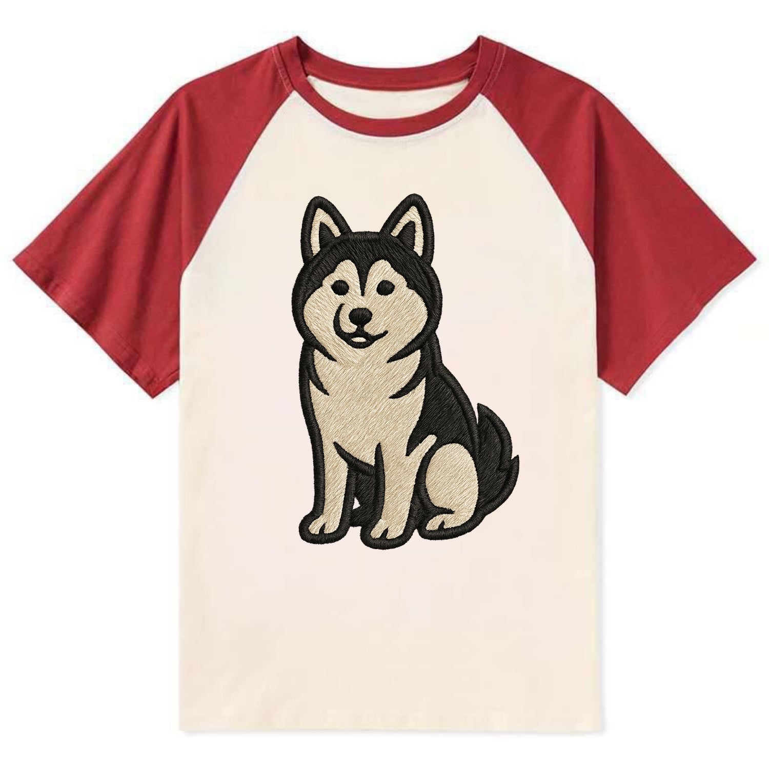 Pomsky - Pomeranian-Husky mix sitting po Contrast Raglan T-shirt - Red