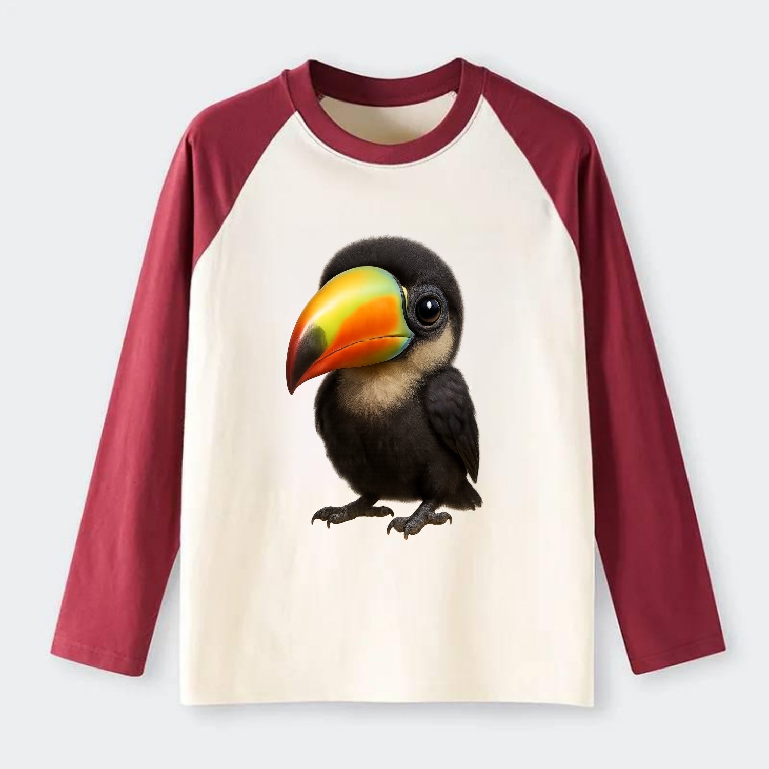 Baby Toucan - oversized colorful beak, black feathers, bright eyes, - Raglan Long Sleeve T-Shirt - Red