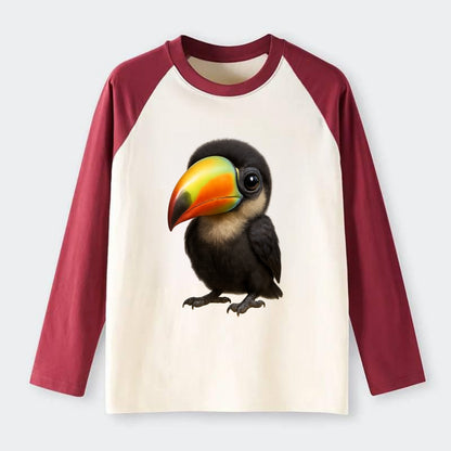 Baby Toucan - oversized colorful beak, black feathers, bright eyes, - Raglan Long Sleeve T-Shirt - Red