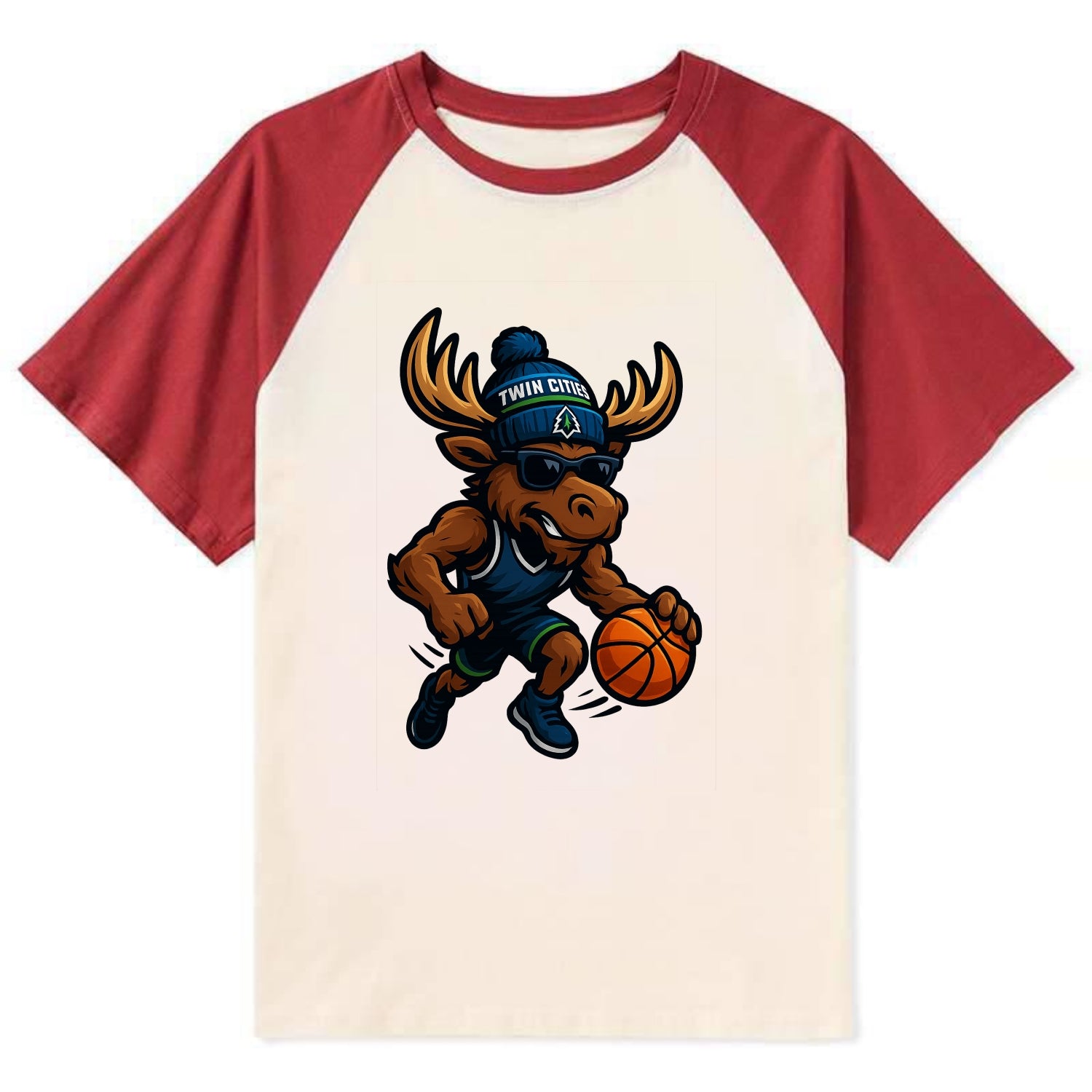 Twin Cities Moose wearing Timberwolves beanie with pine tree patch and - Contrast Raglan T-shirt - Red