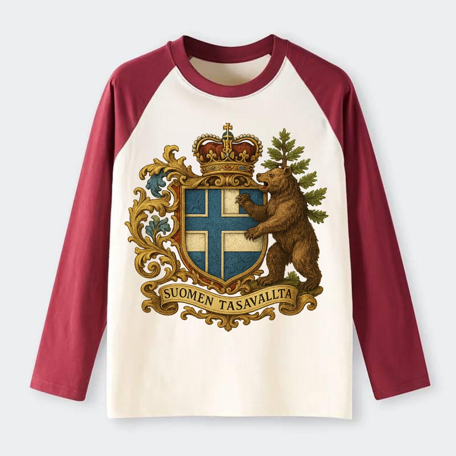Finland Brown Bear Emblem - Raglan Long Sleeve T-Shirt - Red