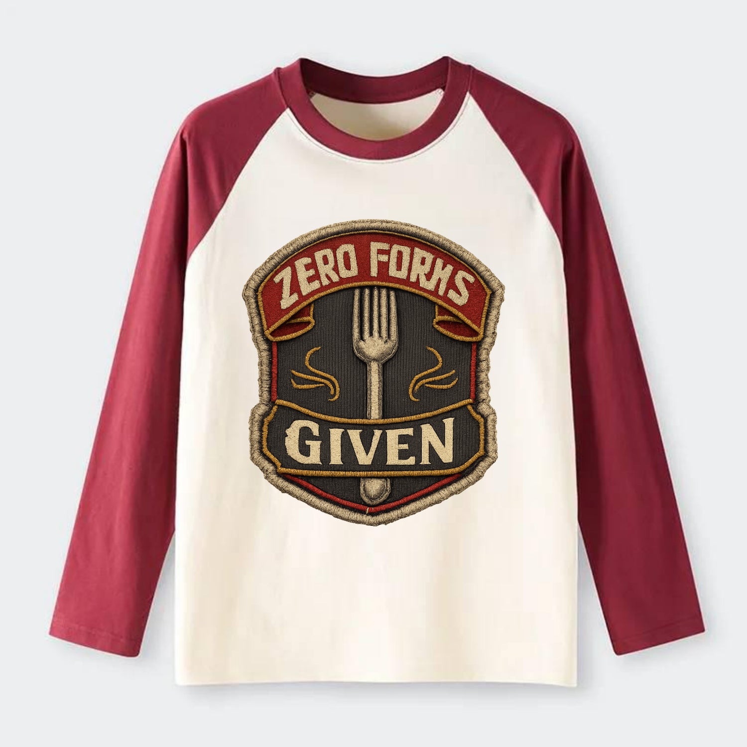 ZERO FORKS GIVEN - fork with text in silver , no cares attitude - Raglan Long Sleeve T-Shirt - Red