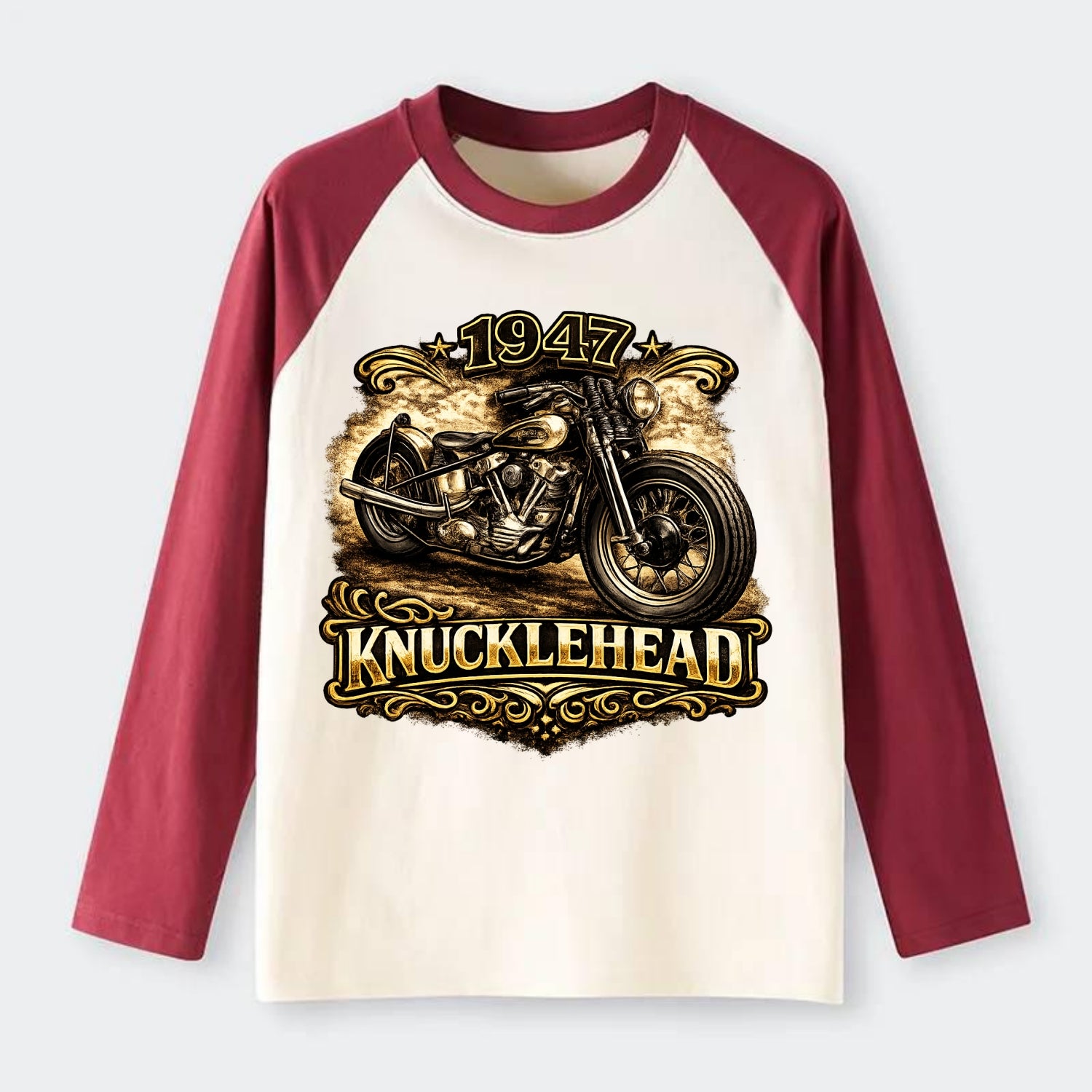 1947 Knucklehead Bobber - Raglan Long Sleeve T-Shirt - Red